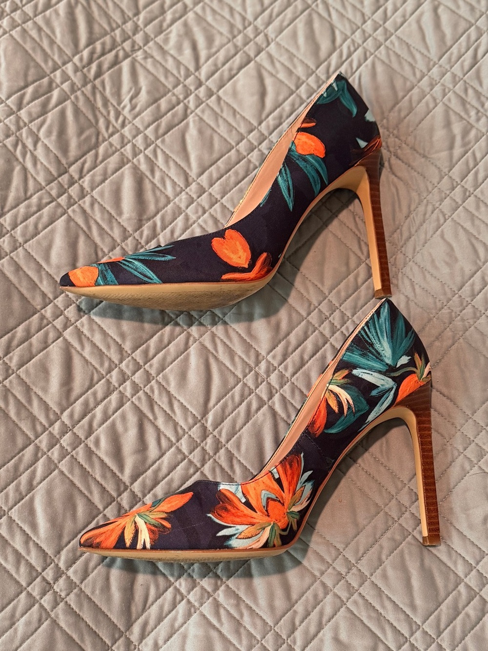 Nine West Navy Floral Pointed-Toe Pumps with Orange Accents - Picture 4 of 9